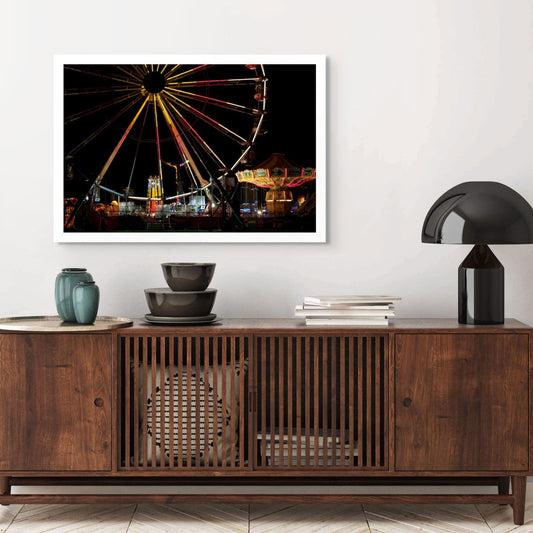 Fairground Carnival Lights 6900003v3 - Room View, Ferris wheel glowing against twilight sky with carnival rides below, fine art limited edition print by Raymond Mather, ART1.