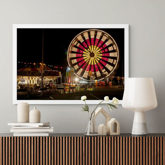 Fairground Carnival Lights 6900116 - Room View, Ferris wheel with bold red and yellow pattern and carnival lights at night, fine art limited edition print by Raymond Mather, ART1.