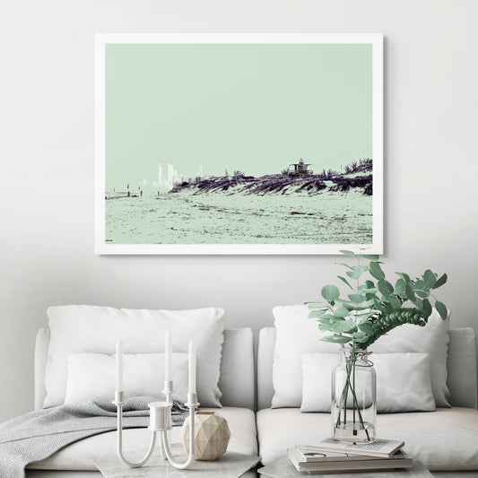 Vivid Country - Gold Coast The Spit - 0085v22 - Room View, a wide sandy beach with a single lifeguard tower on a dune, the Gold Coast skyline softened in the background beneath a pale celadon sky.