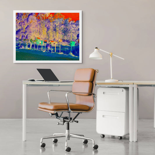 Vivid Country - Halfway Creek The Original In-Boxes - 1631v17 - Room View, a vibrant line of quirky rural mailboxes along a country road, framed by a hyper-coloured forest in fuchsia, teal, and fiery orange tones.