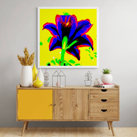 Hippeastrum No.1 - 181910v3 - Room View, Rear view of stylised hippeastrum in bold cobalt blue and red, with green stem and vivid yellow background, digitally rendered in extreme Pop Art colour style.