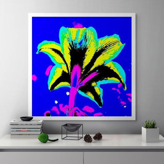 Hippeastrum No.1 - 181910v4 - Room View, Rear view of stylised hippeastrum flower in acid yellow, cyan, and pink, set against a bold cobalt blue background in a saturated Pop Art treatment.