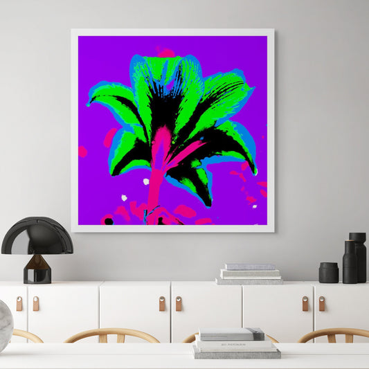 Hippeastrum No.1 - 181910v5 - Room View, Stylised rear view of a hippeastrum in neon green, cyan, and pink against a vivid purple background, digitally rendered in a bold Pop Art style.