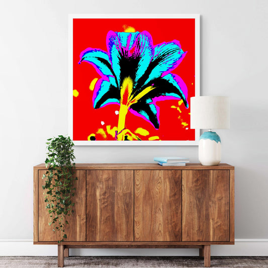 Hippeastrum No.1 - 181910v7 - Room View, Rear view of hippeastrum in bright blue, violet, yellow, and black against a bold red background, digitally stylised in hyper-saturated Pop Art treatment.