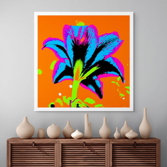 Hippeastrum No.1 - 181910v8 - Room View, Neon-coloured hippeastrum flower viewed from behind in vivid blue, pink, green, and black against a bold orange background, digitally rendered in extreme Pop Art style.