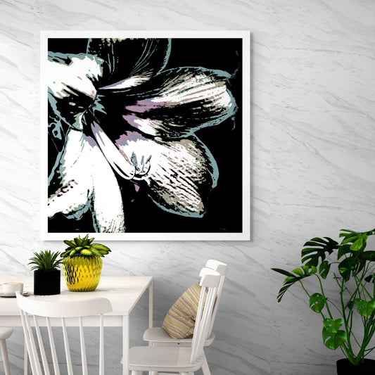 Hippeastrum No.3 - 181911v22 - Room View, Pale green, mauve, and silver-toned stylised hippeastrum flower against black background, digitally rendered with delicate Pop Art textures and soft contrast.