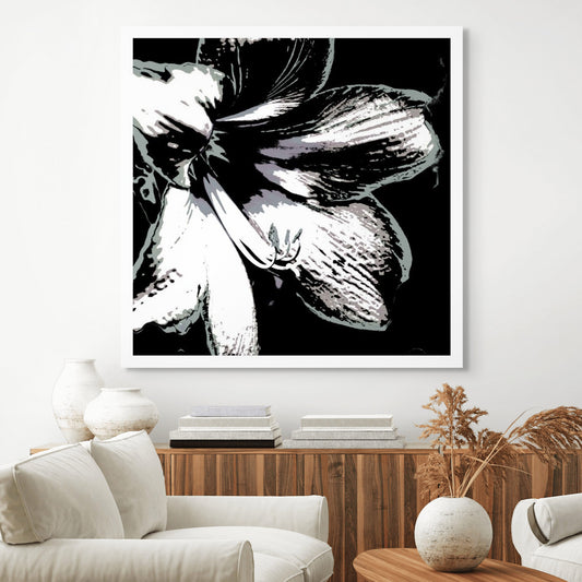 Hippeastrum No.3 - 181911v25 - Room View, Stylised black, grey, and white close-up of a hippeastrum flower, digitally rendered with soft contrast and Pop Art contours in a minimalist monochrome palette.