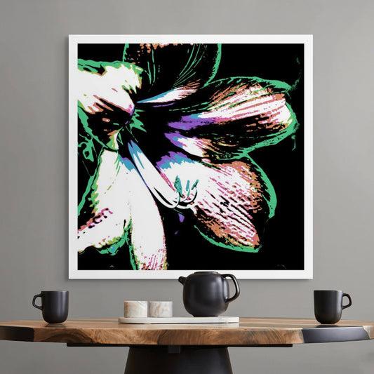 Hippeastrum No.3 - 181911v30 - Room View, Bold close-up of a hippeastrum flower in green, lilac, rose, and white, stylised in Pop Art fashion with black background and graphic detailing.