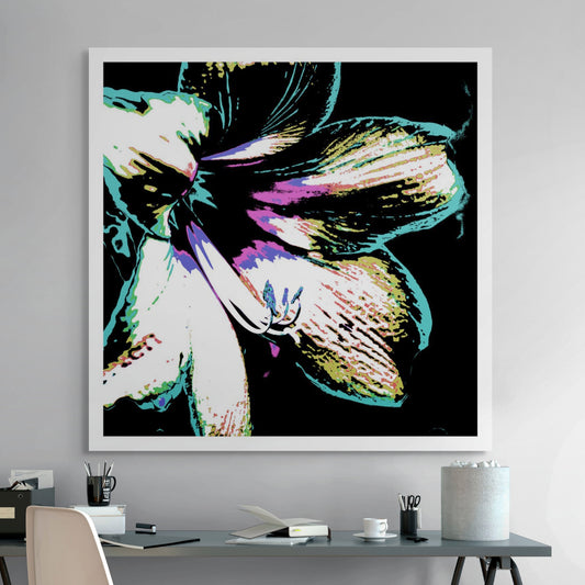 Hippeastrum No.3 - 181911v31 - Room View, Stylised close-up of a hippeastrum flower in mint green, violet, black, and white, digitally rendered in bold Pop Art tones with high contrast and textural graphic detail.