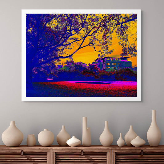 Vivid Country - Hobart The Lenna Hotel - 0006v16a - Room View, an expressive Pop Art-style image of Hobart’s Lenna Hotel at sunrise, framed by dark trees and a glowing orange sky, with vibrant purple and red tones creating an atmospheric, nostalgic mood.