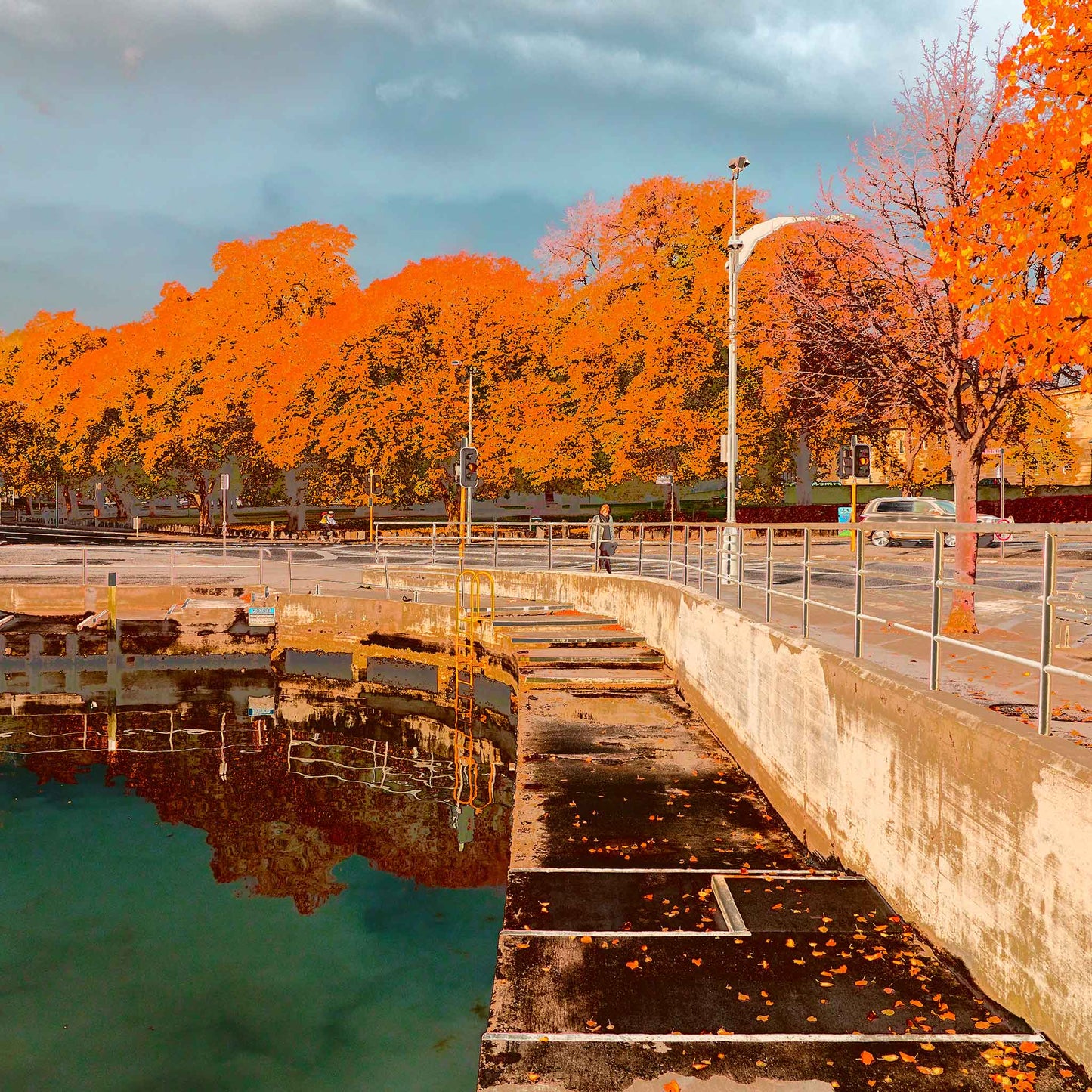 Vivid Country - Hobart Waterfront Esplanade - 0119v11a - Close Detail View, a richly coloured Pop Art-inspired view of Hobart’s waterfront showing a calm harbour edge, autumn leaves on the pavement, and a vibrant row of golden-orange trees under a grey-blue sky.