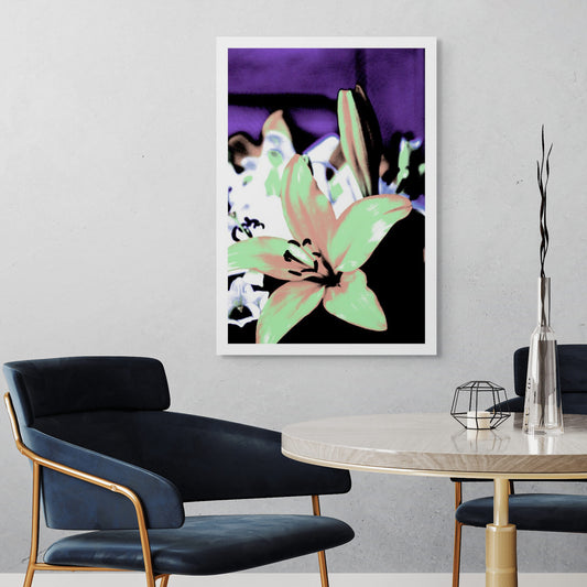Lilies - Tamworth - 204767v16 - Room View, Soft green and peach-toned lily with a vivid purple background, digitally reinterpreted in a gentle yet graphic Pop Art style.