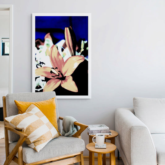 Lilies - Tamworth - 204767v18 - Room View, Soft peach and rose-toned lily set against a cobalt blue background, digitally treated in a subdued Pop Art style with vintage and modern visual elements.