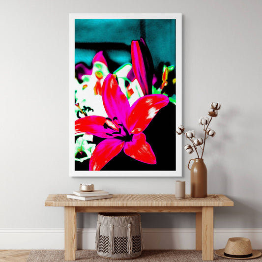 Lilies - Tamworth - 204767v20 - Room View, Pink and red lily in sharp Pop Art style with cyan-blue background and high saturation, digitally stylised with bold contrast and neon-like intensity.