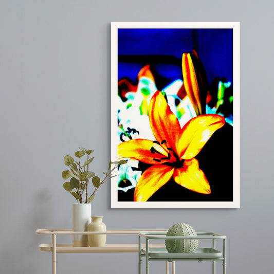Lilies - Tamworth - 204767v21 - Room View, Bold yellow and red lily in sharp Pop Art style, set against a saturated background of blue and white lilies, with high contrast and vivid digital colour treatment.