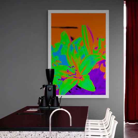 Lilies - Tamworth - 204767v3 - Room View, Explosively colourful lily in vivid green, blue, orange, and purple, digitally manipulated in a psychedelic Pop Art style with intense saturation and surreal contrast.