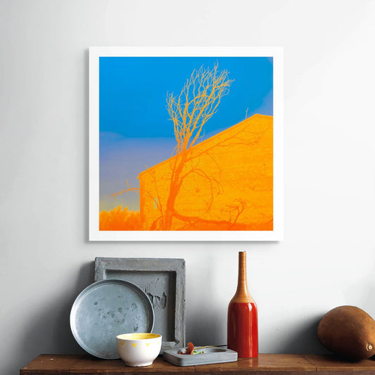 Vivid Country - McLaren Vale The South Cellar Kay Brothers Winery - 7142v35 - Room View, a Pop Art-style square image of a vibrant orange stone building with a dramatic bare tree silhouette against a deep blue sky.