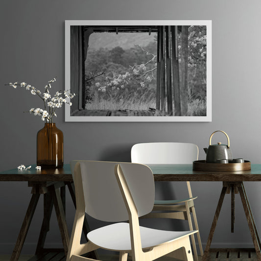 Monochrome Mix - Blossoms - Back Road - 85313 - Room View, A black and white photograph of blossoming tree branches viewed through a rustic wooden structure, with forested hills in the background. Atmospheric, rural, and contemplative. Limited edition fine art print.