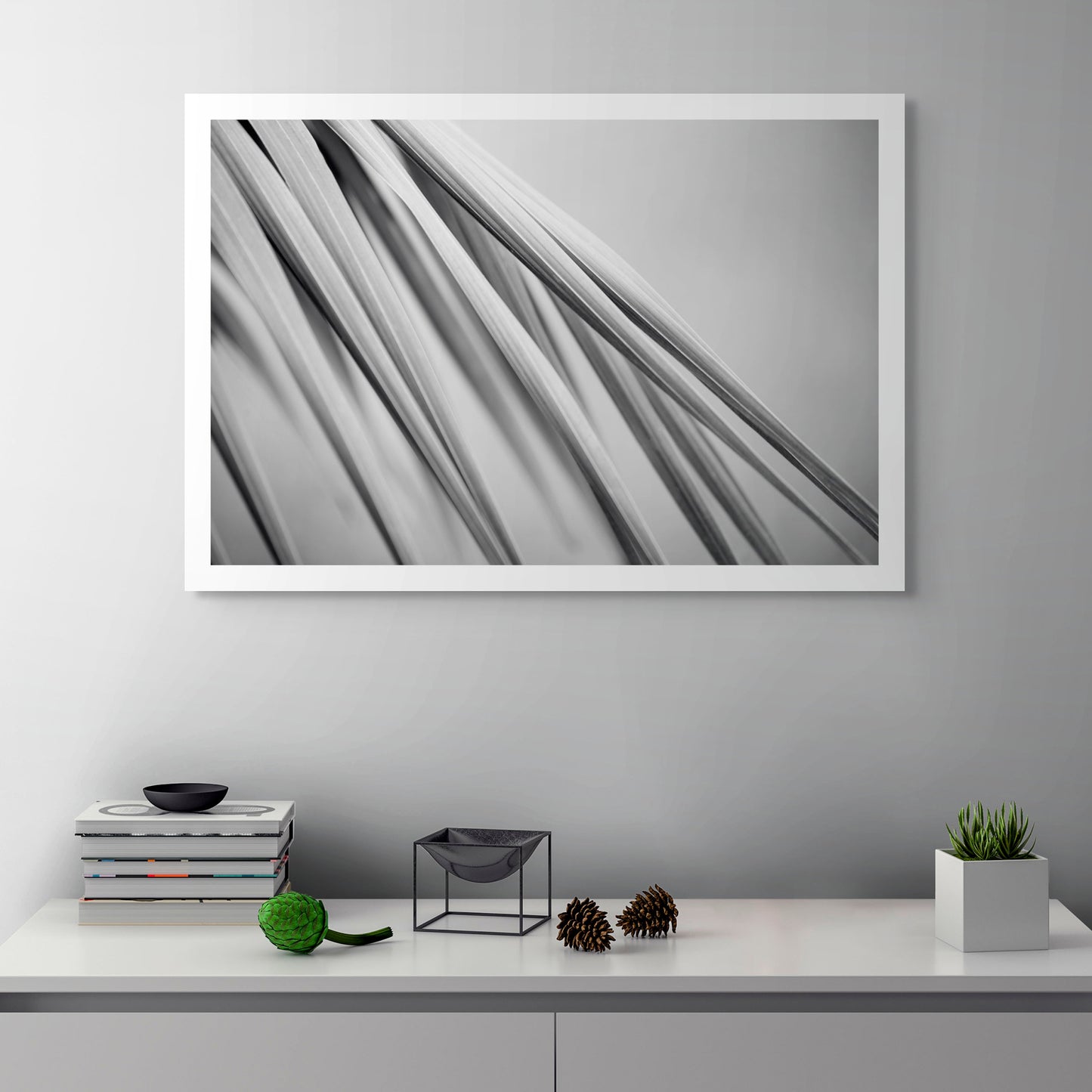 Monochrome Mix - Bucca - Swans Rd - Palm Frond - 210151 - Room View, Black-and-white fine art photograph of slender palm fronds in soft diagonal composition, highlighting their smooth lines and layered textures in minimalist abstract style.