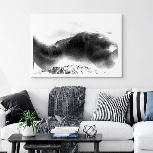 Monochrome Mix - Cairns - Coastal Recline - Body Form - 924644v4 - Room View, Abstract black-and-white artwork suggesting a reclining human figure formed from a coastal landscape, with soft gradients and rocky textures creating a dreamlike fusion of body and terrain.