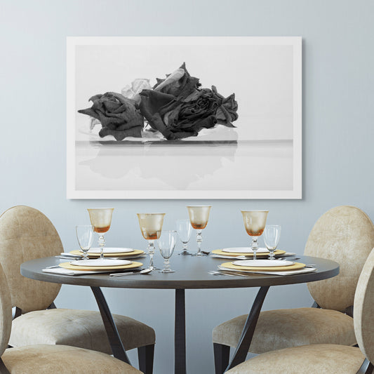 Monochrome Mix - Rose Reflection - 1836909825 - Room View, A black and white photograph of three dried roses resting on glass, with a soft mirrored reflection below. Evocative, minimal still life with emotional resonance. Limited edition fine art print.