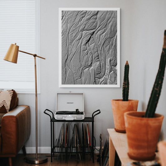 Monochrome Mix - Scotts Head - Beach Sand Tidal Forms - 19E4539 - Room View, Vertical black and white photograph of fine sand patterns formed by tidal flow, resembling leaf veins and natural etchings with rich tonal contrast.