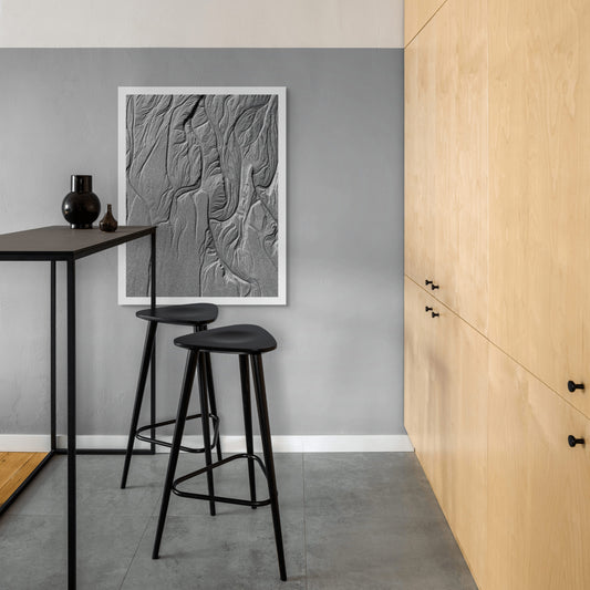 Monochrome Mix - Scotts Head - Beach Sand Tidal Forms - 19E4542a - Room View, Vertical black and white photograph of abstract tidal sand patterns from Scotts Head beach, resembling roots or anatomical forms with rich texture and natural sculptural flow.