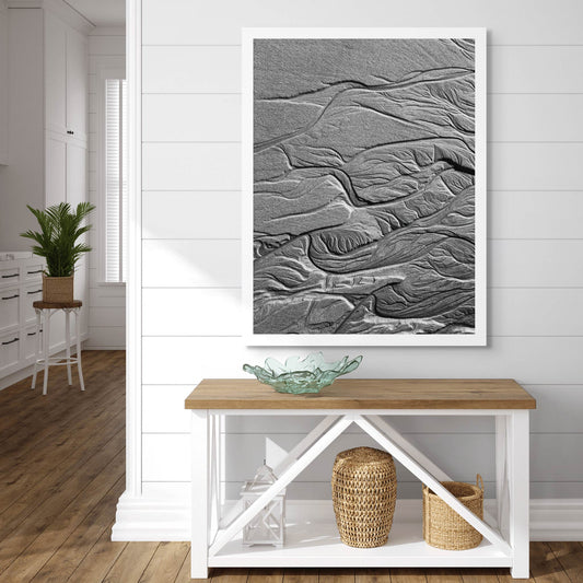 Monochrome Mix - Scotts Head - Beach Sand Tidal Forms - 19E4544 - Room View, Vertical black and white photograph showcasing finely textured tidal sand formations with flowing, organic patterns on the beach at Scotts Head.
