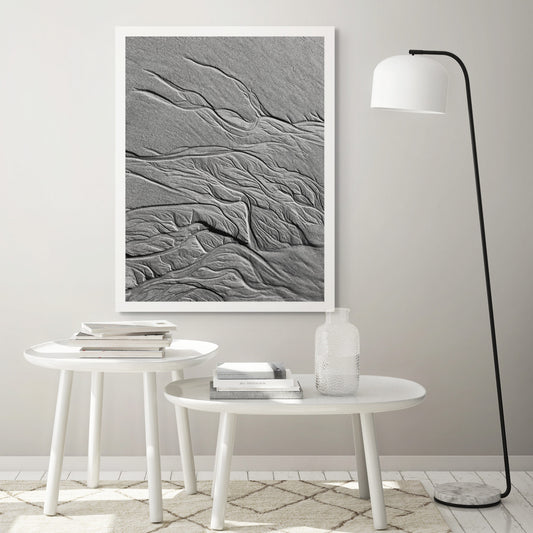 Monochrome Mix - Scotts Head - Beach Sand Tidal Forms - 19E4548 - Room View, Vertical black and white photograph capturing organic sand patterns shaped by tides at Scotts Head, evoking tree branches or veins.