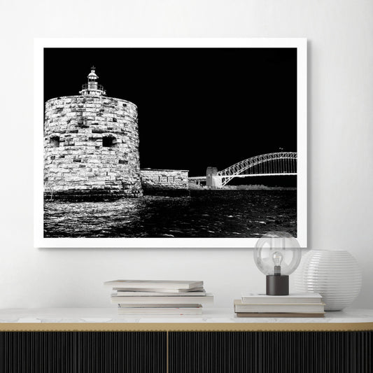 Monochrome Mix - Sydney - Fort Denison - Pinchgut Island - 209617v22a - Room View, Black and white photo of Fort Denison in Sydney Harbour with the Harbour Bridge in the background; high contrast night sky and rippling water in the foreground.