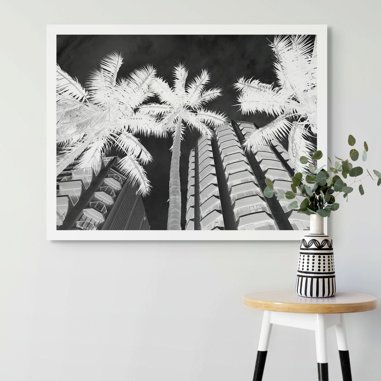 Monochrome Mix - Sydney - Potts Point - Fitzroy Gardens - Palms - 209340v2 - Room View, Black and white upward-facing photograph of palm trees against modern apartment buildings in Potts Point, Sydney, with dramatic lighting and high contrast.
