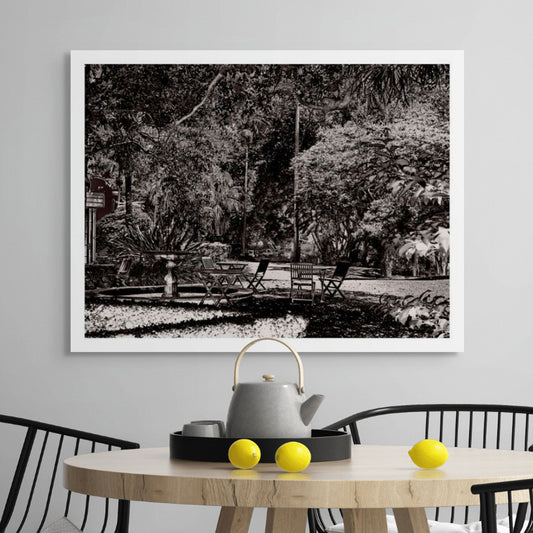 Monochrome Mix - Garden - Woollahra - Sydney - 222108v6 - Room View, A richly textured black and white garden scene featuring scattered chairs, a fountain, and dense tree canopy in a tranquil urban park setting. Limited edition fine art print.