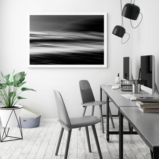 Monochrome Mix - Wave Motion - 80084 - Room View, A black and white abstract seascape with motion blur capturing the energy and flow of ocean waves in horizontal streaks. Dynamic and expressive. Limited edition fine art print.
