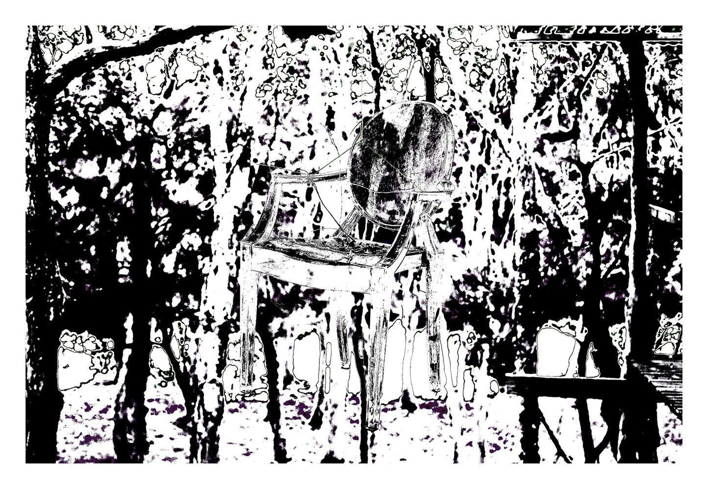 Monochrome Mix - Woolgoolga - Ghost Chair - 205114v17 - 104x74cm, Black and white stylised image of a vintage armchair suspended in a dense forest, with high-contrast tree forms and eerie negative-space detailing.