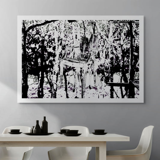 Monochrome Mix - Woolgoolga - Ghost Chair - 205114v17 - Room View, Black and white stylised image of a vintage armchair suspended in a dense forest, with high-contrast tree forms and eerie negative-space detailing.
