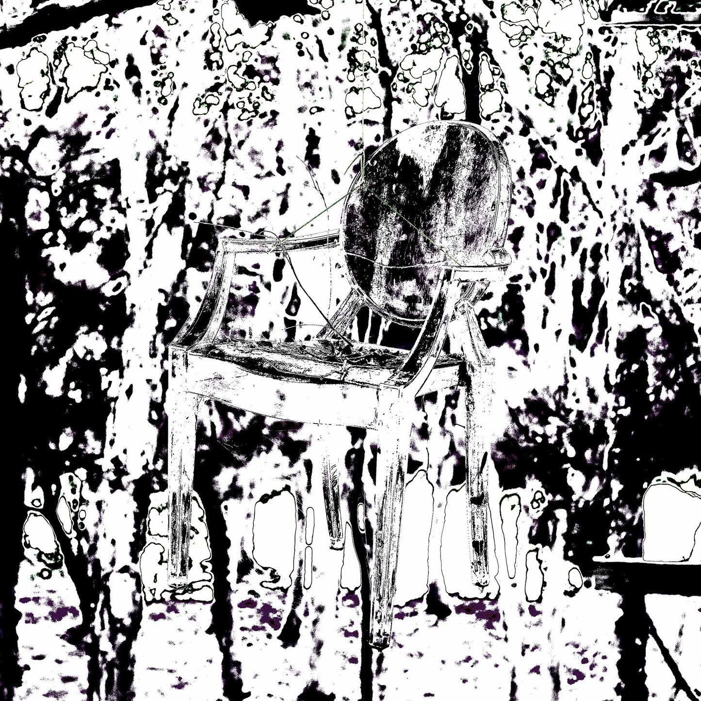 Monochrome Mix - Woolgoolga - Ghost Chair - 205114v17 - Close Detail View, Black and white stylised image of a vintage armchair suspended in a dense forest, with high-contrast tree forms and eerie negative-space detailing.
