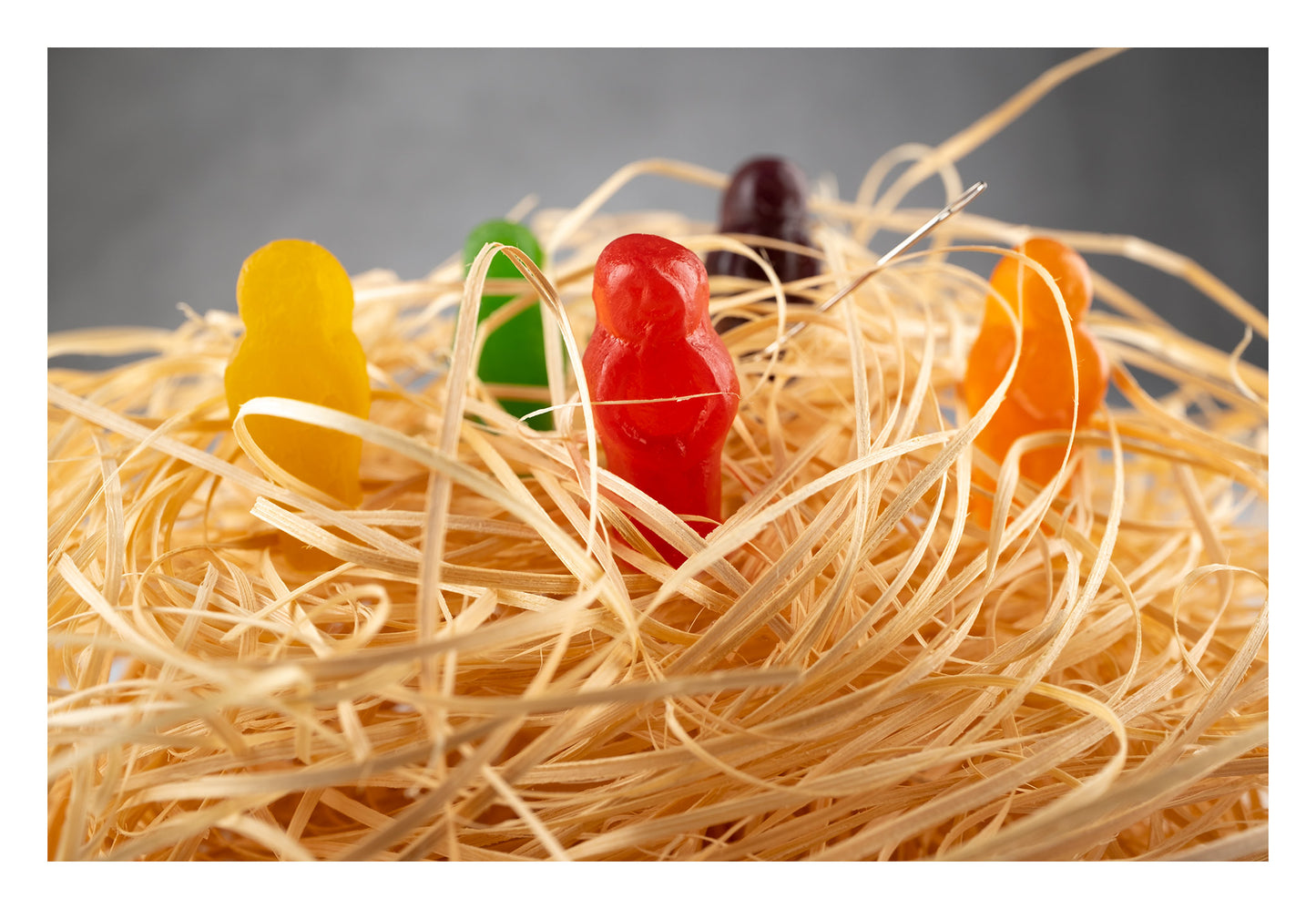 Needle in a Haystack 2523v1 - 104x74cm, conceptual fine art photograph by Raymond Mather featuring colourful jelly baby figures nestled in straw with a real sewing needle subtly placed, playfully reimagining the classic idiom in vibrant pop art style.