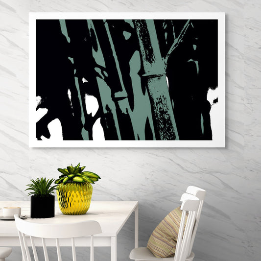 Pop Art Flowers - Bamboo No.104v8a - Room View, a stylized pop art photograph of bamboo stalks rendered in muted sage green and deep black. The high-contrast design emphasises vertical lines and textured surfaces, evoking a moody, minimalist botanical aesthetic.