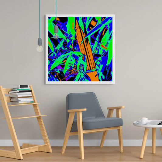 Pop Art Flowers - Bamboo 369O4830v12 - Room View, a vivid pop art style image featuring a bright orange bamboo stalk surrounded by neon green, deep violet, and electric blue tropical foliage. The high saturation colours and bold contrast create a lively and surreal jungle composition.