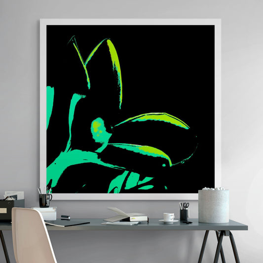Pop Art Flowers - Frangipani - 207015v101 - Room View, Stylised frangipani flower in aqua green and neon lime tones on a stark black background in bold Pop Art style.