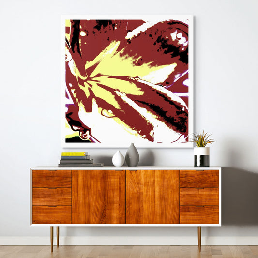 Pop Art Flowers - Frangipani - 207015v307 - Room View, Stylised frangipani in earthy ochre, maroon, and cream tones with bold graphic contrasts on white border.