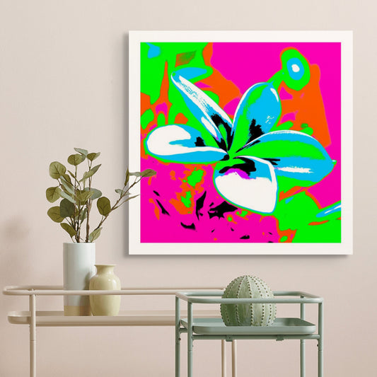 Pop Art Flowers - Frangipani - 253101v26 - Room View, Bright white and cyan frangipani flower with vivid pink, green, and orange Pop Art background in bold graphic style.
