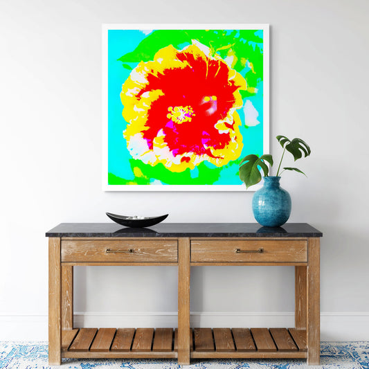 Pop Art Flowers - Hibiscus - 1920763 - Room View, Bold hibiscus flower in red, yellow, and white with vibrant green and turquoise background in graphic Pop Art style.