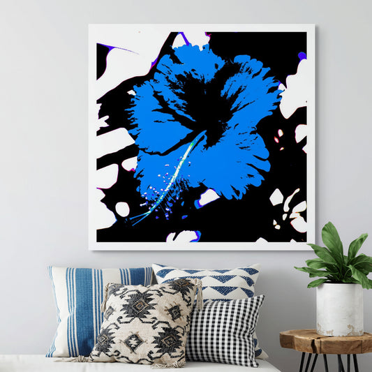 Pop Art Flowers - Hibiscus Tropical - 200741v6 - Room View, Vibrant blue hibiscus flower with black centre on stark black-and-white background in bold Pop Art graphic style.
