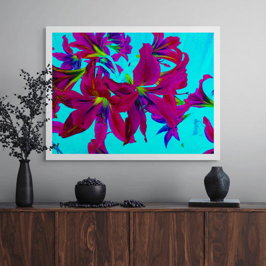 Pop Art Flowers - Lilies - Bunch - 150174v15 - Room View, Vivid bunch of magenta lilies with green accents on bright cyan background in bold Pop Art style.