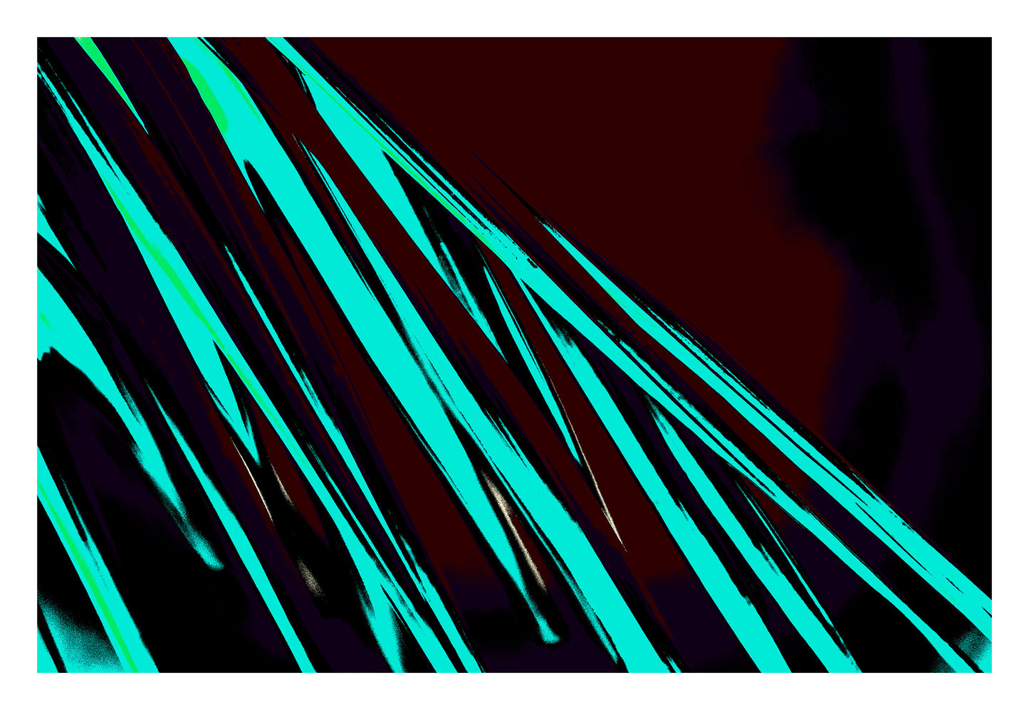 Pop Art Flowers - Palm Frond 0151v58 - 104x74cm, a graphic pop art image of long, diagonal turquoise palm fronds set against a deep maroon and black background. The stylised composition creates a striking pattern of linear foliage and contrast.