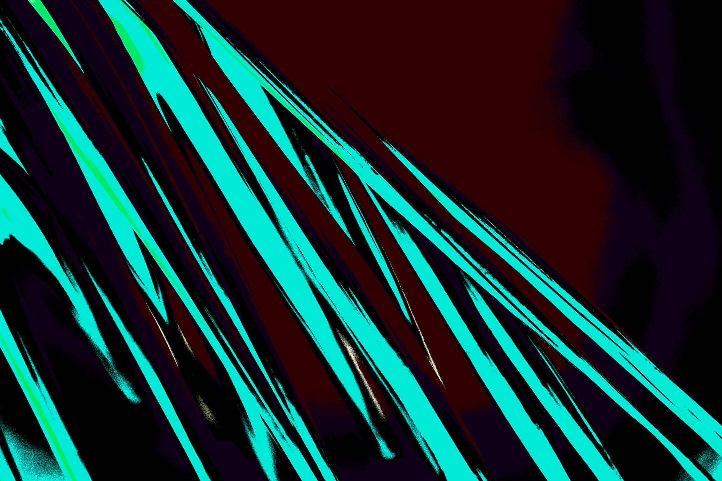 Pop Art Flowers - Palm Frond 0151v58 - 90x60cm, a graphic pop art image of long, diagonal turquoise palm fronds set against a deep maroon and black background. The stylised composition creates a striking pattern of linear foliage and contrast.