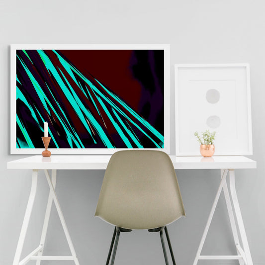 Pop Art Flowers - Palm Frond 0151v58 - Room View, a graphic pop art image of long, diagonal turquoise palm fronds set against a deep maroon and black background. The stylised composition creates a striking pattern of linear foliage and contrast.