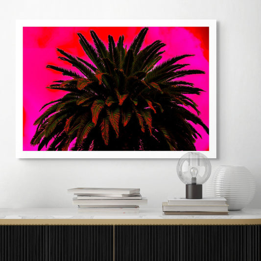 Pop Art Flowers - Palm - Paddington - 258892v13 - Room View, Dramatic silhouette of palm tree with dark fronds set against vivid magenta and crimson sky in bold Pop Art style.