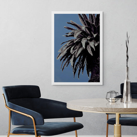 Pop Art Flowers - Palm - Paddington - 258898v13 - Room View, Stylised palm tree with cool-toned fronds against a muted blue sky in soft Pop Art treatment.